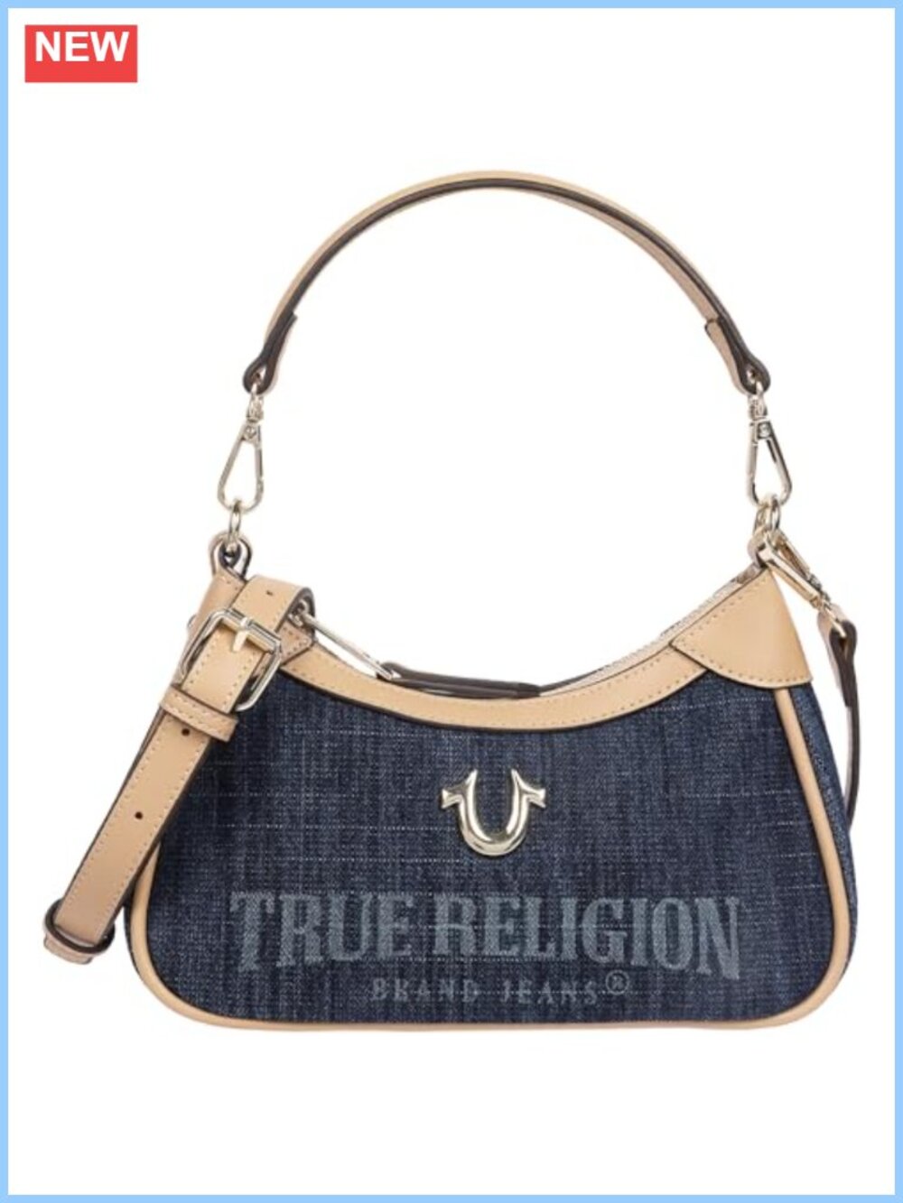 True Religion Mini Shoulder Bag Denim PU Leather Gold Hardware